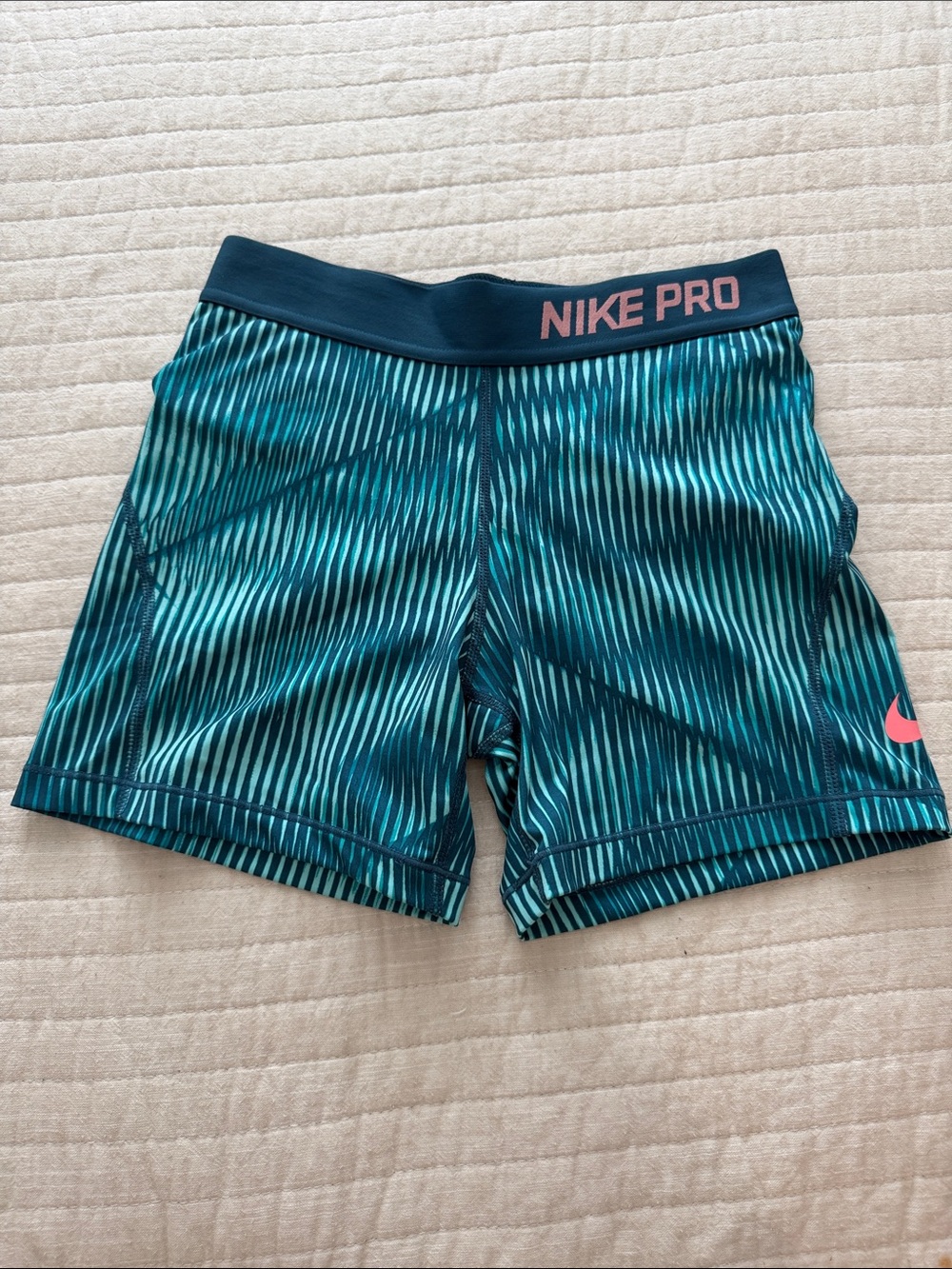 Nike Pro Teal Striped Bike Shorts with Pink Logo